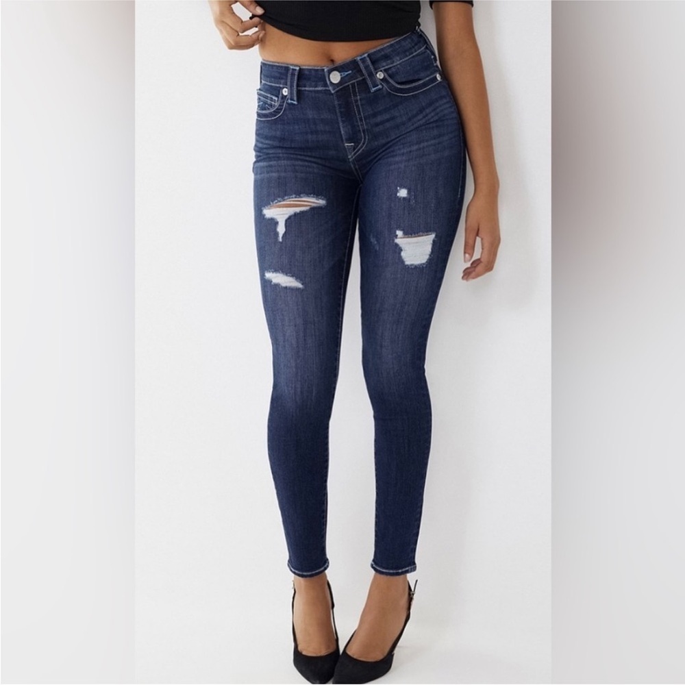 True Religion Dark Wash Destroy Halle Mid-Rise Distressed Skinny Jeans Size 31